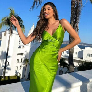 Zara Silky Satin Effect Surplus Midi Dress Bright Green Blogger Fav Sz Small